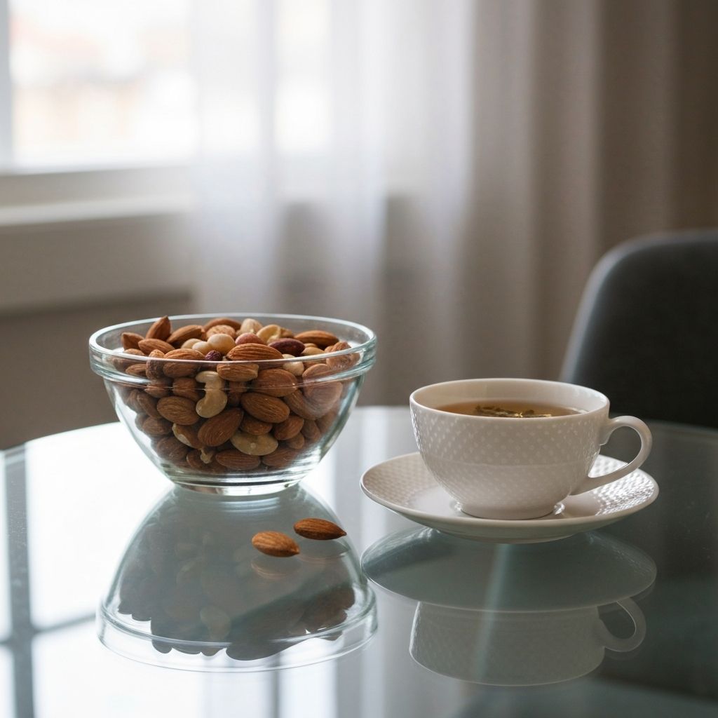 Staklena posuda s orasima i pečurkom, šalica s čajem na staklenom stolu, svjesno konzumiranje