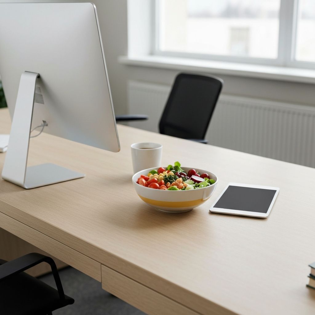 Radni stol s raznolikim salatom, tabletom, prirodno svjetlo, produktivnost i wellness